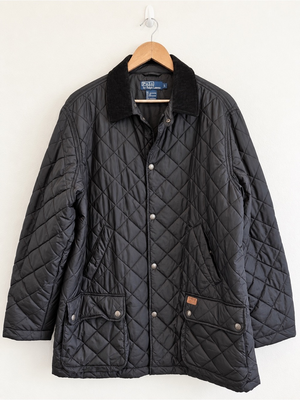 Polo Ralph Lauren Quilted Barn Jacket L Black Corduroy Collar Equestrian J67